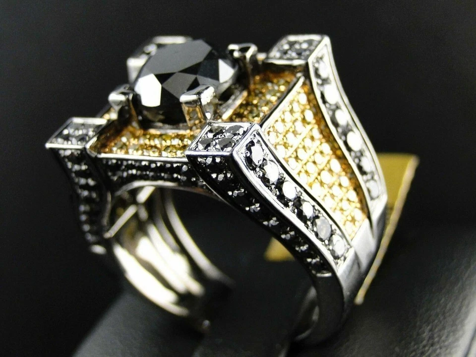 Anillo redondo de diamantes negros y citrino creado en laboratorio de 4 quilates para hombre acabado de oro amarillo de 14 k Foto 4 de 4