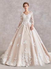 V-Neck Champagne Ball Gown Wedding Dress with Open Back Long Sleeve Bridal Gowns