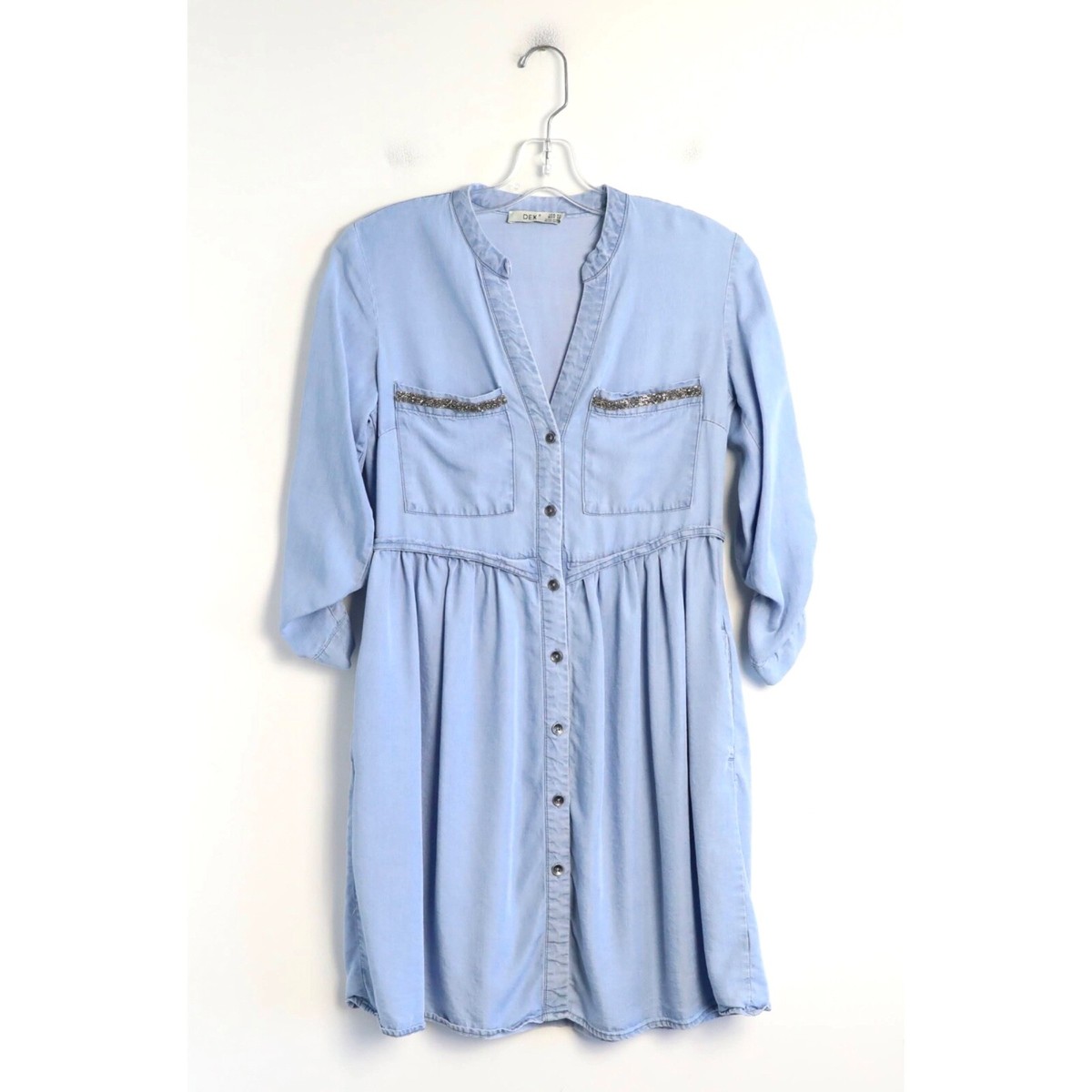 dex denim dress chambray roll tab sleeve XS glitter pockets trim short mini tencel Womens denim sale-20250915 White Satin Bustier Lace-Up Inseam:34 Kort is 51 wearing