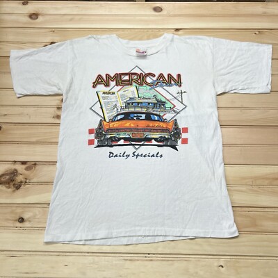 Vintage 80s 90s American Dinner Hot Rod Special Deluxe Art Drive In Shirt Size L