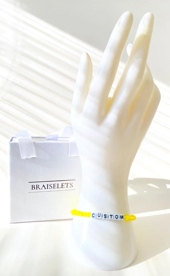 Pulsera con nombre personalizado 4 mm cuentas amarillas neón letras blancas palabra joyería regalo mujeres Foto 4 de 4