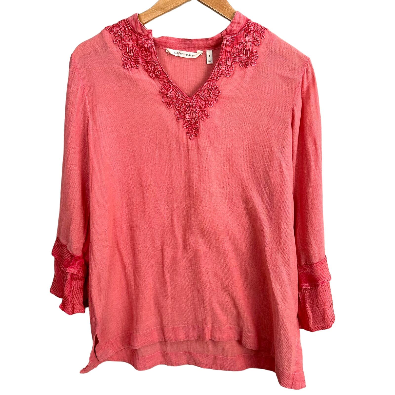 Soft Surroundings Coral Pink Embroider Brocade Tunic Top Shirt Blouse S Small