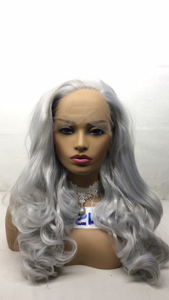 28 inch Silver Gray Lace Front Wig Long Body Wave Synthetic  display picture 1