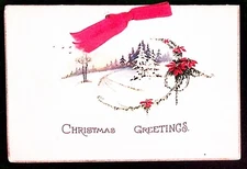 1926 CHRISTMAS GREETINGS RIBBON BOUND EARLY GREETING CARD SNOW SCENE  Z7494