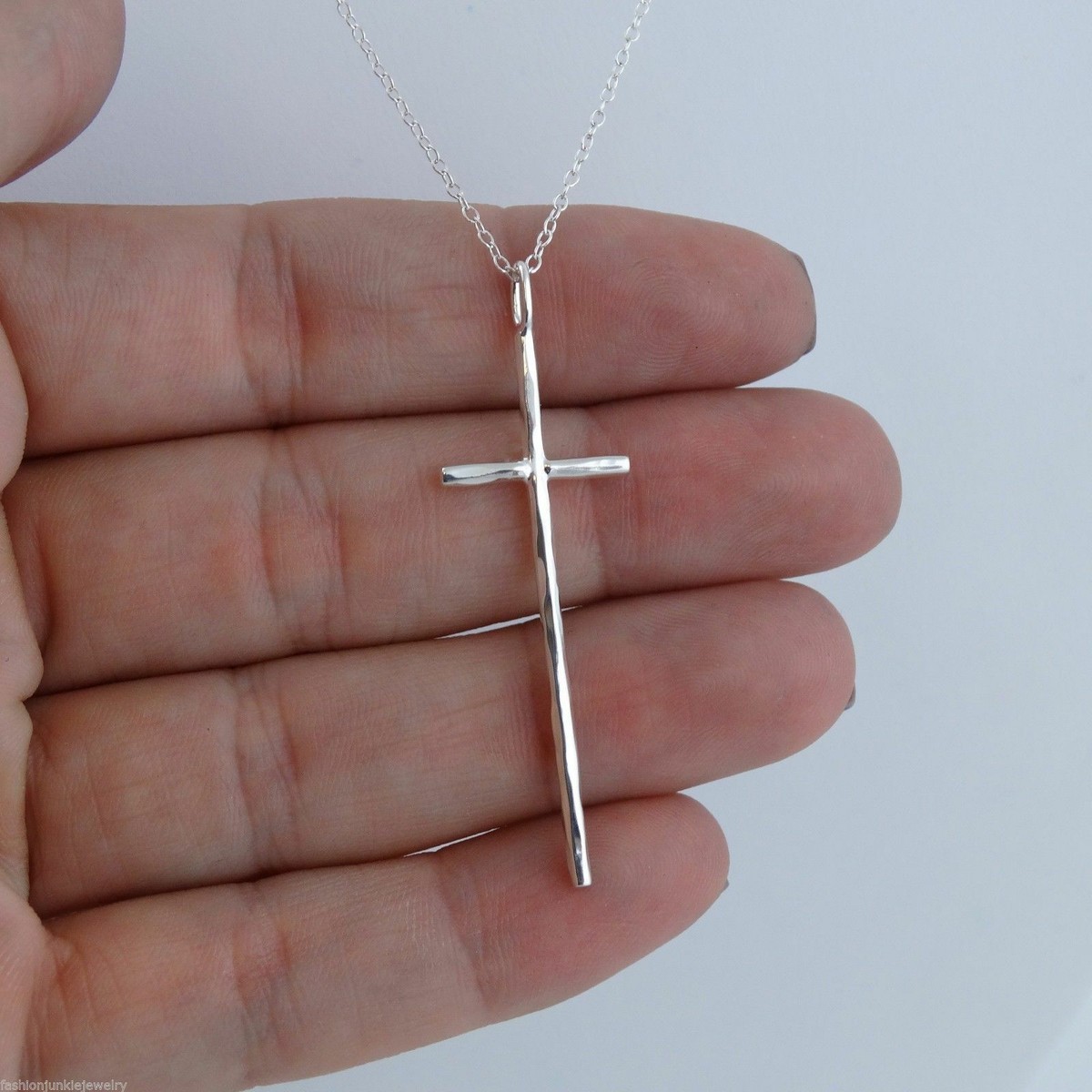 アクセサリー 191RRL Hammered Sterling Silver L Long Hammered Cross Pendant Necklace - 925 Sterling Silver - Faith