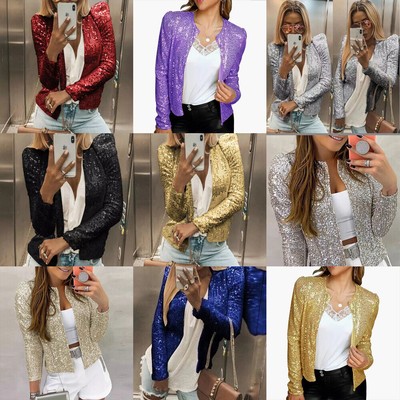 Damens Pailletten Cardigan Jacke Langarmjacke Glitzer bolero Abend Bluse Blazer＆