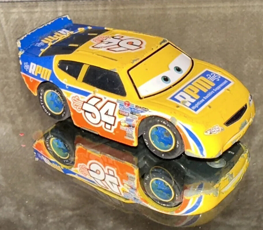 Disney Pixar Cars Diecast RPM #64 Yellow Blue Race Car Real Rubber