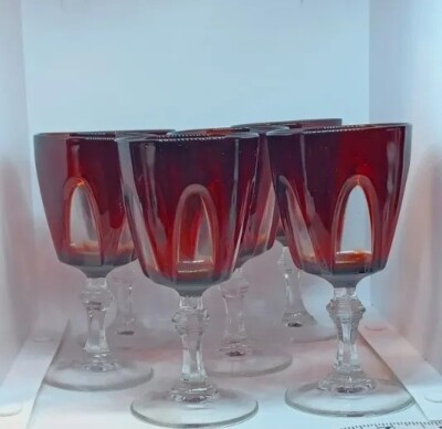 Set of 6 Crystal D'Arques France Ruby Red Clear Arch Sherry Cordial Glass 