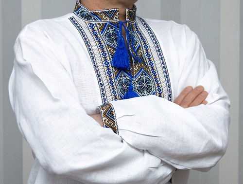 VYSHYVANKA for Men Ukrainian hand white Linen Shirt Blue Yellow Embroidery - Picture 4 of 8