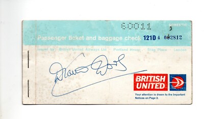 Diana Dors Actress Signed British United Airlines Boarding Pass Autographed