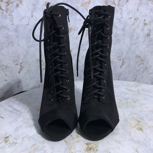 Liliana Women's Sz 6.5M Shoes Black Vegan Lace Up Peep Toe Fashion Heeled Boots - Picture 2 of 11