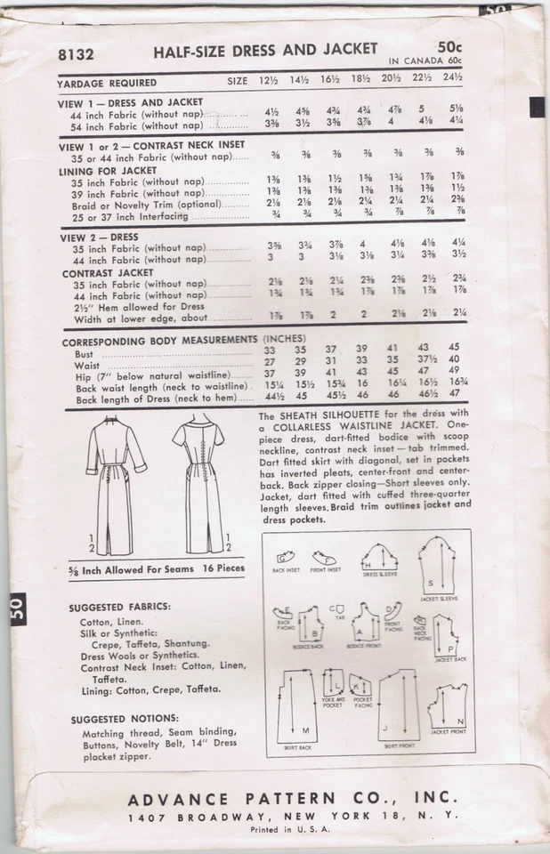 Uncut 1956 Advance Pattern 8132 Sheath Wiggle Dress 16.5 Jacket 37-31-41 FF - Image 2 of 4