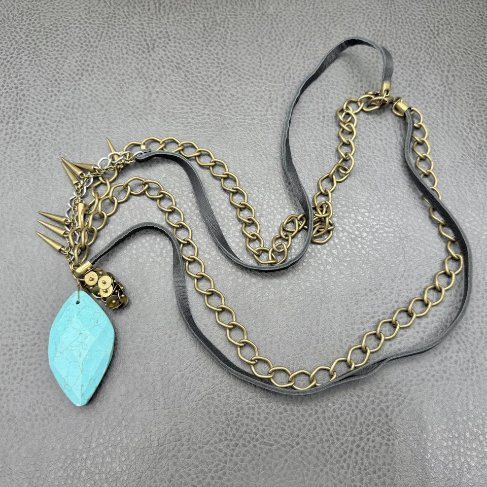 Collar R&R Colgante Latón Cadena Cuero Picos Turquesa Piedra Boho Declaración Foto 2 de 4