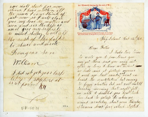 Civil War Patriotic Lettersheet Used with letter Col. Ellsworth, Ship Island