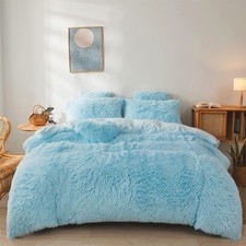 Fluffy Blue Comforter Cover Set Queen - Ultra Soft Plush Blue Bedding Sets 3 ...