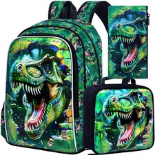Dinosaur Backpack, 16" Boys Bookbag with Lunch Box, 3Pcs Dino School Backpack...