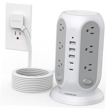 Tower Power Strip Surge Protector, Flat Extension Cord 15 Ft 15 FT Grey