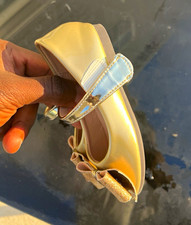 Gold Ballet Flats Bow Accent Hook  Loop Closed Toe Rubber Sole, Girls EU 24