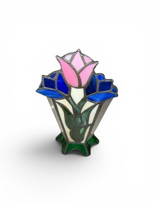 Vintage Tiffany Style Tulips Flower Stained Glass Pillar Candle Holder 7  Shade