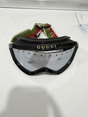 Black Gucci Ski Goggles with interlocking G green and red logo strap