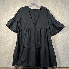 PrettyLittleThing Black Tiered Smock Dress V-Neck Ruffle Flutter Sleeve US 8 M