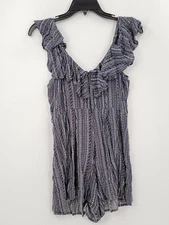 Rewind Shirt Womens Adult Size XS Color Blue Striped Ruffled Zip Up Back V Neck