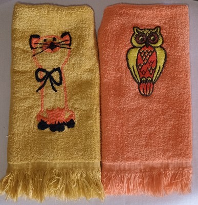 2 Vintage 70s Cannon Cat Owl Hand Towels