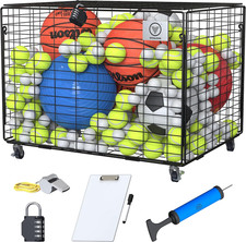 Ball Cart Rolling Storage, Lockable Lid, Ball Cage for Garage or Gym, Sports E