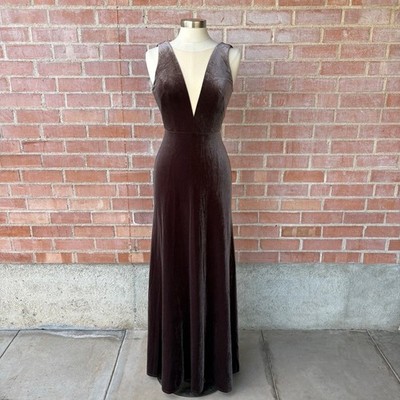 Jenny Yoo Collection Chocolate Brown Velvet Deep V-Neck Open Back Gown Size 2