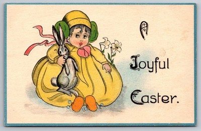 Easter Girl in Huge Yellow Outfit holds Bunny tightly on Easter - 1914  Postcard