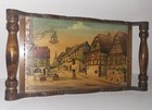 Ancien Grand Plateau bois décor peint signé Boli village vintage Art Déco ALSACE