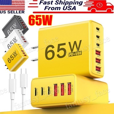 USB Phone Charger 6 Port Total 65W Type C Fast Charging For iPhone Samsung