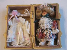 VINTAGE HEAVY WOOD DOLL CHEST WITH DOLL - 5 3/4" X 3 1/2" X 2 3/4" -  TUB D
