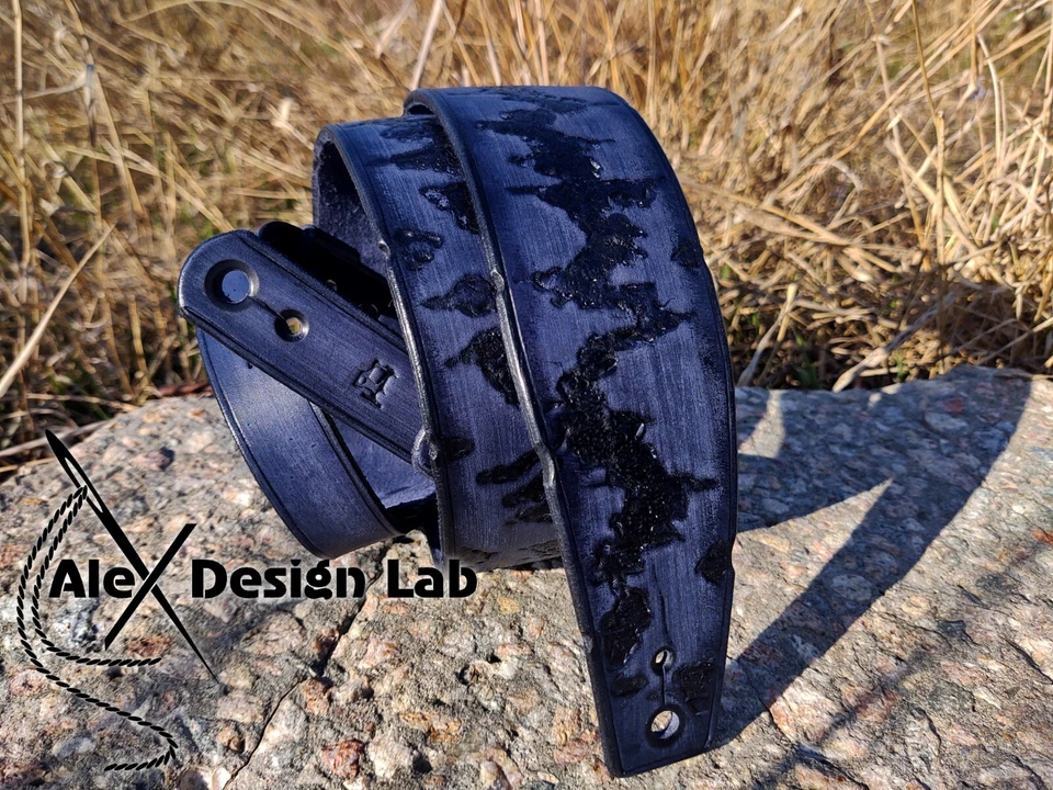 Correa de guitarra de cuero ancha azul largamente usada personalizada bajo eléctrico Mad Max Foto 4 de 4