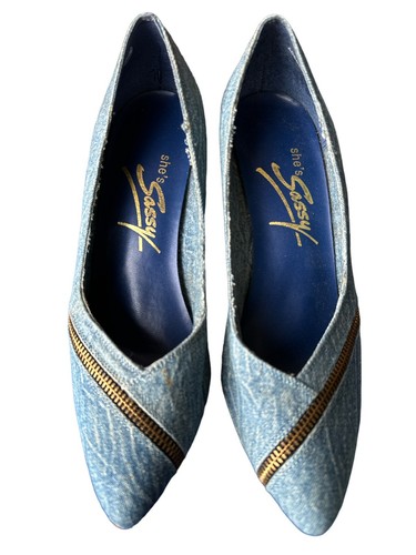 Vintage She's Sassy Women's Denim High Heel Pumps With Zipper Accent Size 8.5 M - Picture 2 of 19