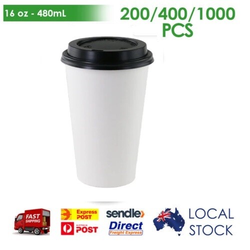 Single Wall Coffee Paper Cups White & Flat or Sipper Lid 4/6/8/12/16oz - Picture 11 of 11
