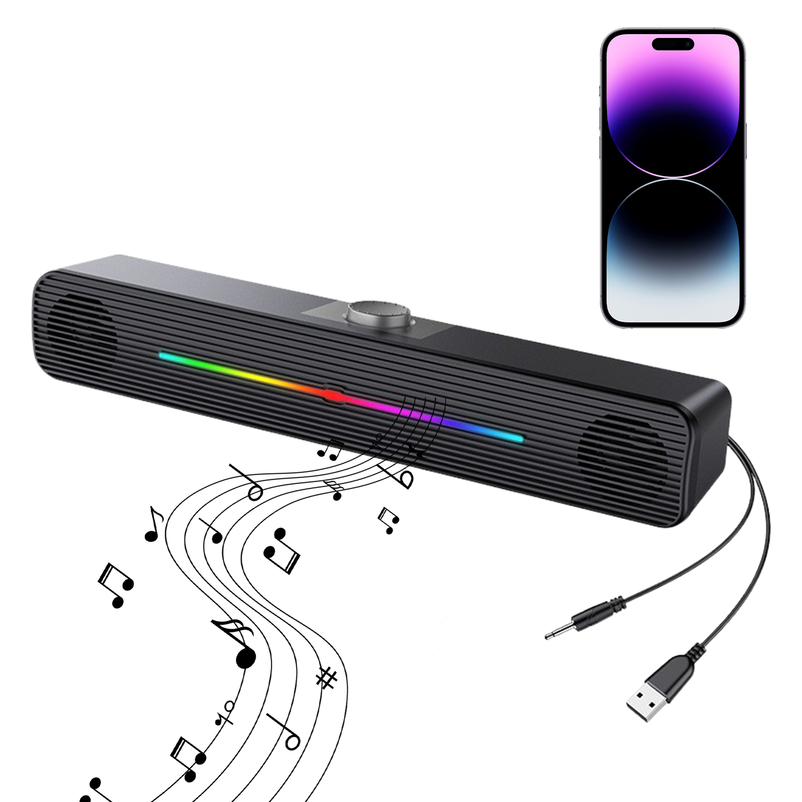 Soundbar USB Powered Sound Bar Speakers Stereo Bass Sound RGB Computer Speakers-image