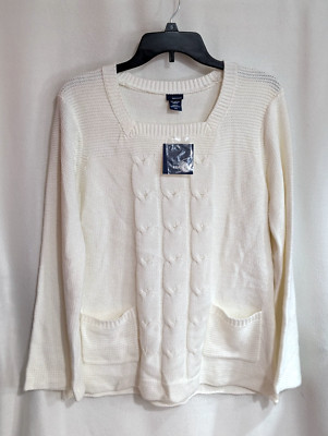 Basic Editions Women's Off White Square Neck Pockets Knit Sweater - Size M - NWT