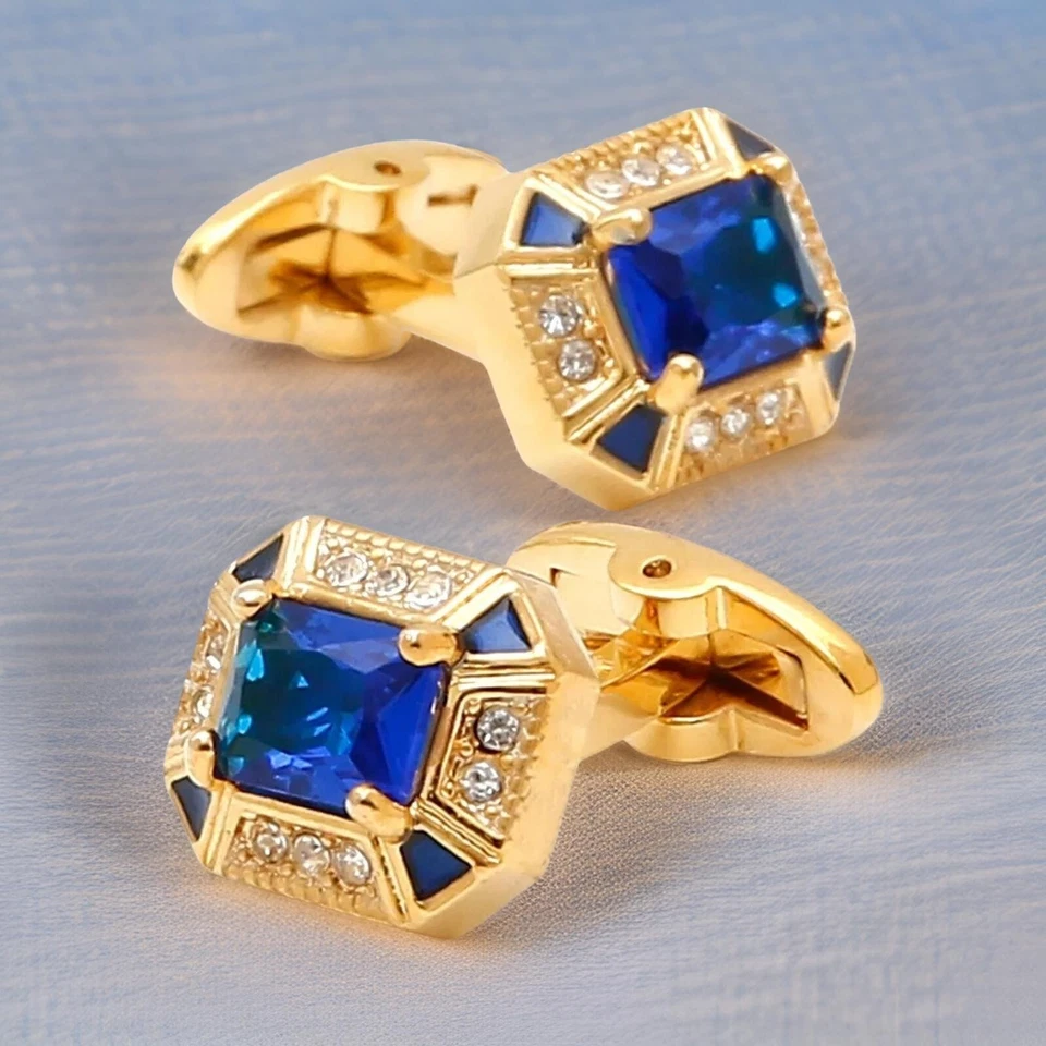 Abotoaduras masculinas de safira azul folheadas a ouro amarelo 14K corte esmeralda 3 quilates criadas em laboratório - Imagem 4 de 4