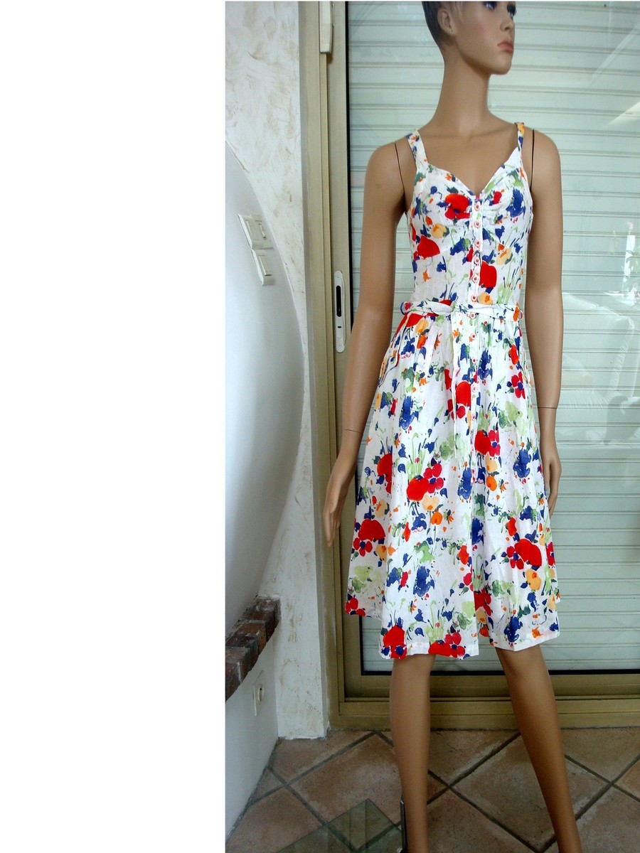 ROBE CHIC SEXY EN LIN BLANC IMPRIME DE COQUELICOT T 36 NEUVE