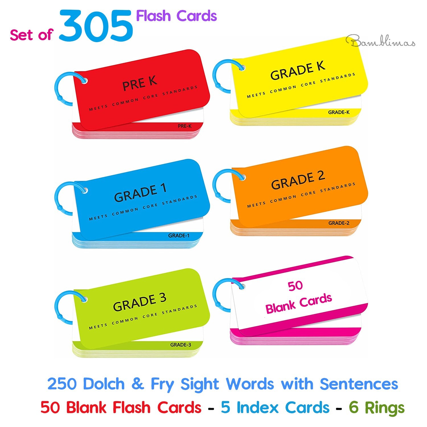305 Sight Words Flash Cards Set Dolch & Fry inc 50 Blank Cards & 5 Metal Rings