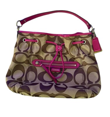 Coach Daisy Bag F25675 Signature Outlines Drawstring Bucket Purse Brown Magenta