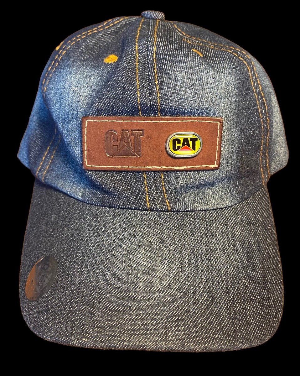New CAT Caterpillar Denim Blue Leather Adjustable Baseball Hat Cap