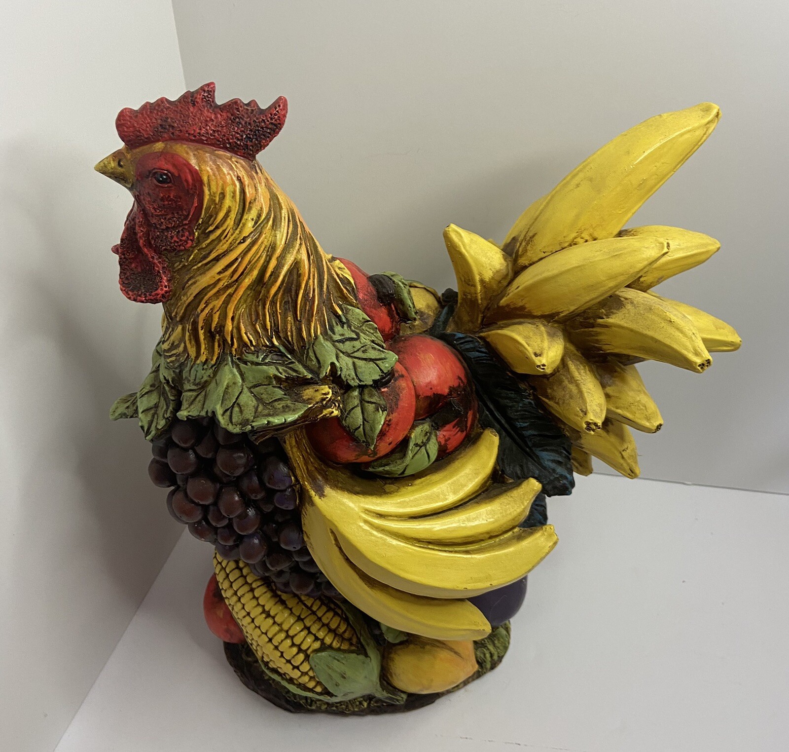 14" FRUITFUL HARVEST ROOSTER, CHICKEN, FIGURINE, FRUITS AND VEGETABLES