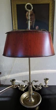 French Empire style Brass 2 Swan Bouillotte Lamp Red Tole Shade Frederick Cooper