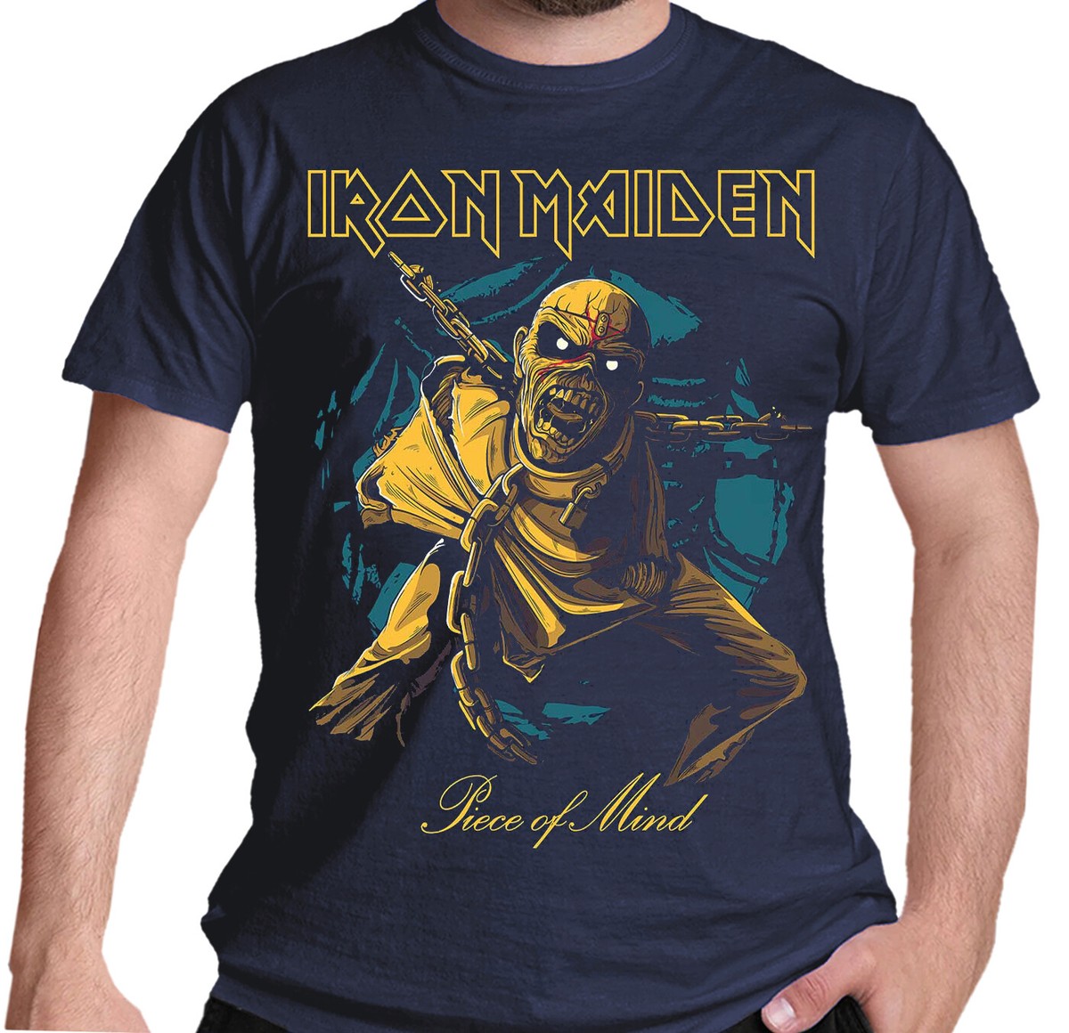 Official Iron Maiden T Shirt Piece Of Mind Gold Eddie Blue New