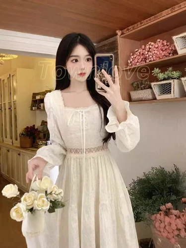 Women Fairy Elegant White Long Sleeve Dresses Lace Dress Vintage Square Collar - Bild 9 von 12