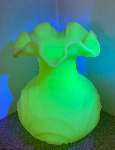 Fenton Light Yellow Custard Satin Glass Vase Ruffle Rim Arch Pattern Glows 7.75"