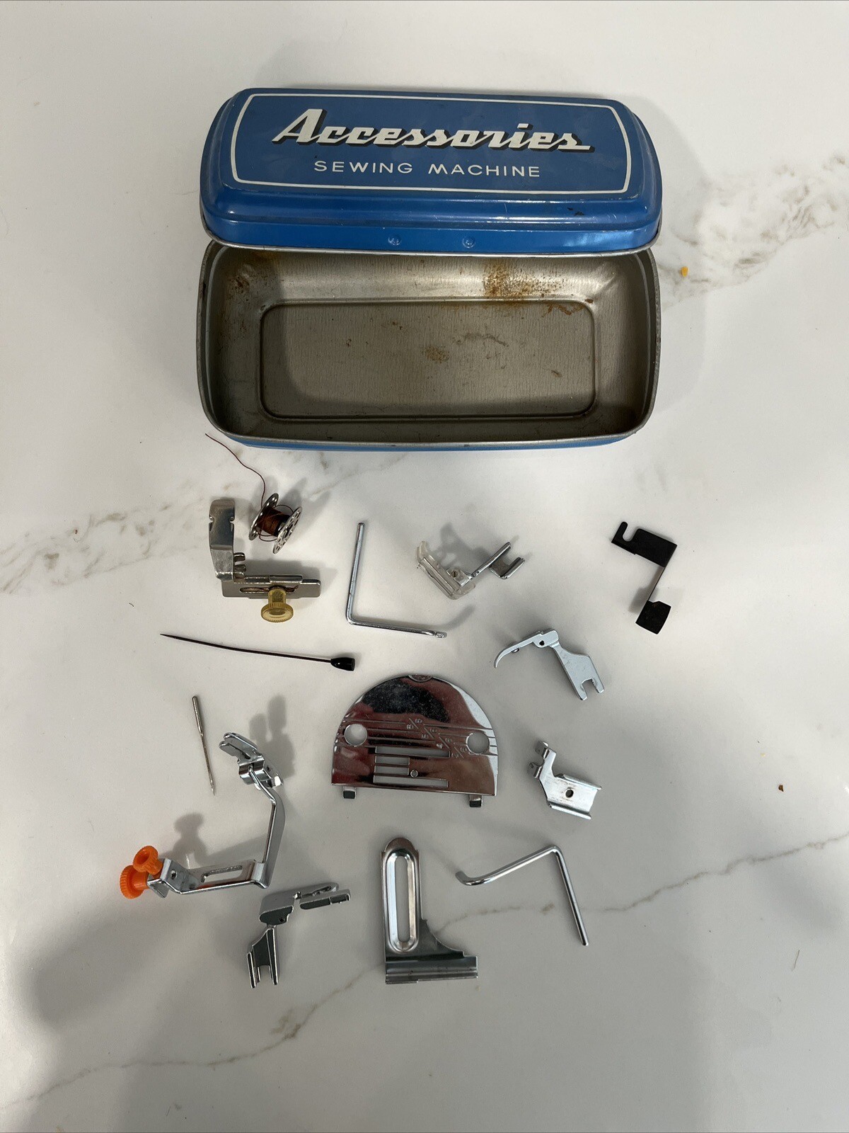 Vintage Blue Metal Sewing Machine Accessories Box With Accessories eBay