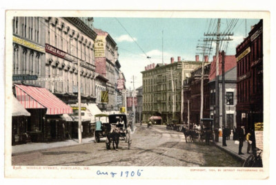 1904 UDB PC: Unpaved Middle Street, Portland, ME   F.H. Butler Millinery Store